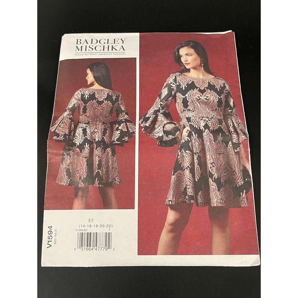 00298 Badgley Mischka Vogue Designer Sewing Pattern Dress Flared‎ Sleeve 14-22